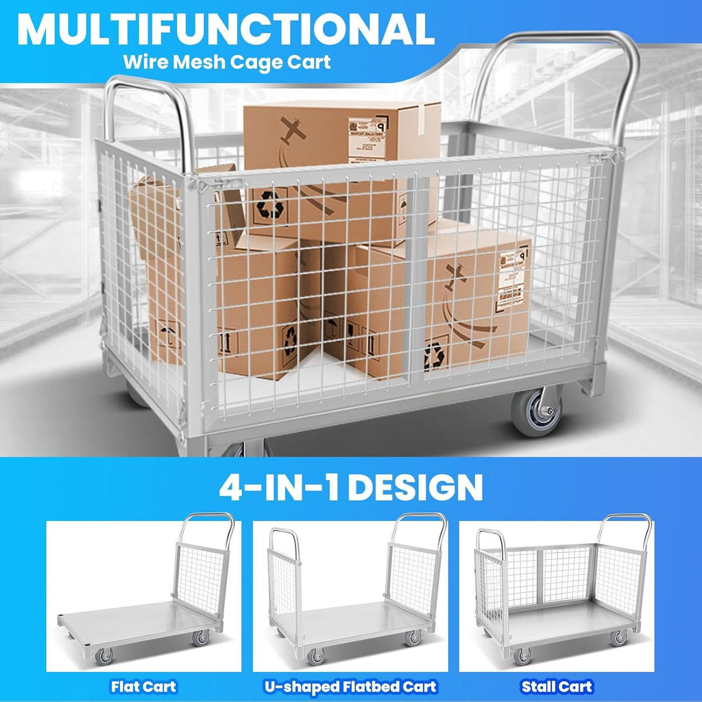 2200lbs 4in1 Platform Truck with Cage, Heavy Duty Stainless Steel Flatbed Cart with 6' 360° Rotation Wheels, Durable&Portable Platform Truck Cart, Push Dolly for Industrial, Garage&Warehouse