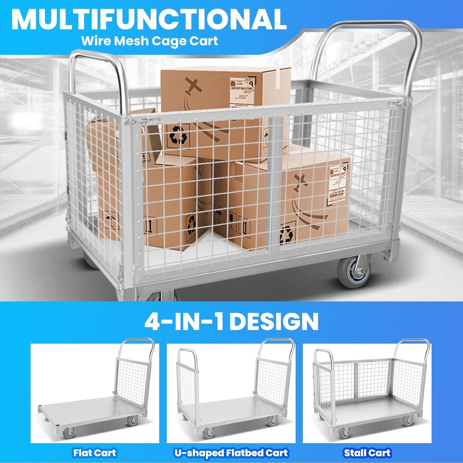 2200lbs 4in1 Platform Truck with Cage, Heavy Duty Stainless Steel Flatbed Cart with 6' 360° Rotation Wheels, Durable&Portable Platform Truck Cart, Push Dolly for Industrial, Garage&Warehouse