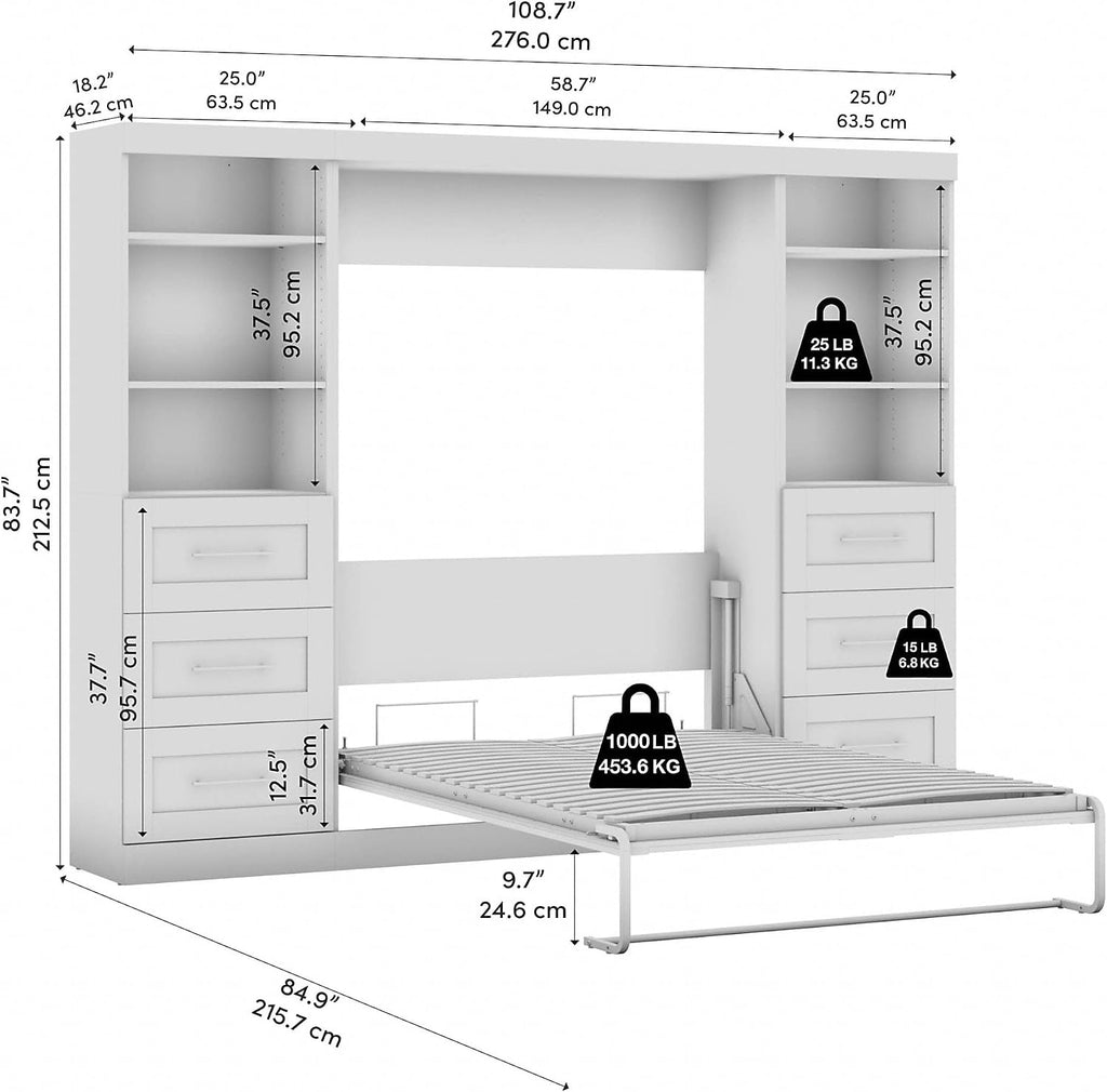 Bestar Pur Full Murphy Bed and 2 Shelving Units with Drawers, 109-inch Space-Saving Sleeping Arrangement in White