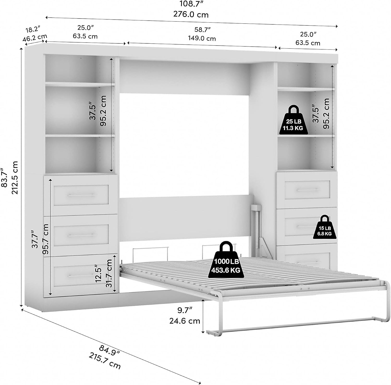 Bestar Pur Full Murphy Bed and 2 Shelving Units with Drawers, 109-inch Space-Saving Sleeping Arrangement in White