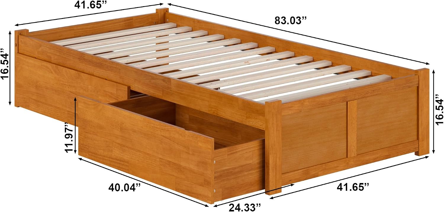 AFI Concord Twin XL Solid Wood Platform Bed with Footboard & Storage Drawers in Light Toffee