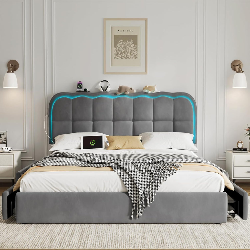 CypBed Queen Size Bed Frame with 4 Storage Drawers & LED Lights, Velvet Upholstered Platform Bed Frame with Charing Station and Adjustable Headboard, Wood Slats Support, No Box Spring Needed, Grey