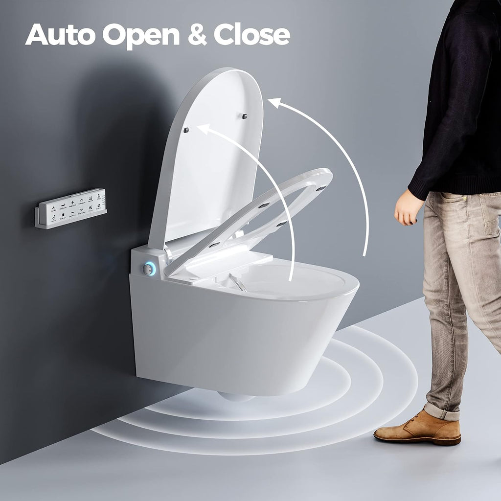 HOROW Luxury Wall Mounted Bidet Toilet with Instant Warm Water, Smart Toilet with Auto Open Lid, Heated Seat, Dryer, Modern Toilet, White Rear Discharge Toilet without Toilet Tank Carrier