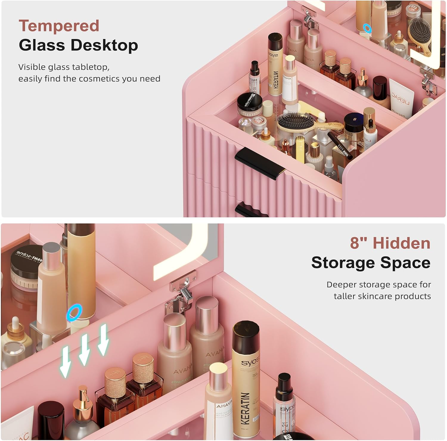 Lvifur 3 in 1 Small Vanity Desk with Plip Top Mirror,Makeup Vanity Set with Visible Glass Desktop,Compact Vanity with 3 Drawers,Storage Compartment and Padded Stool,Dressing Table for Bedroom,Pink