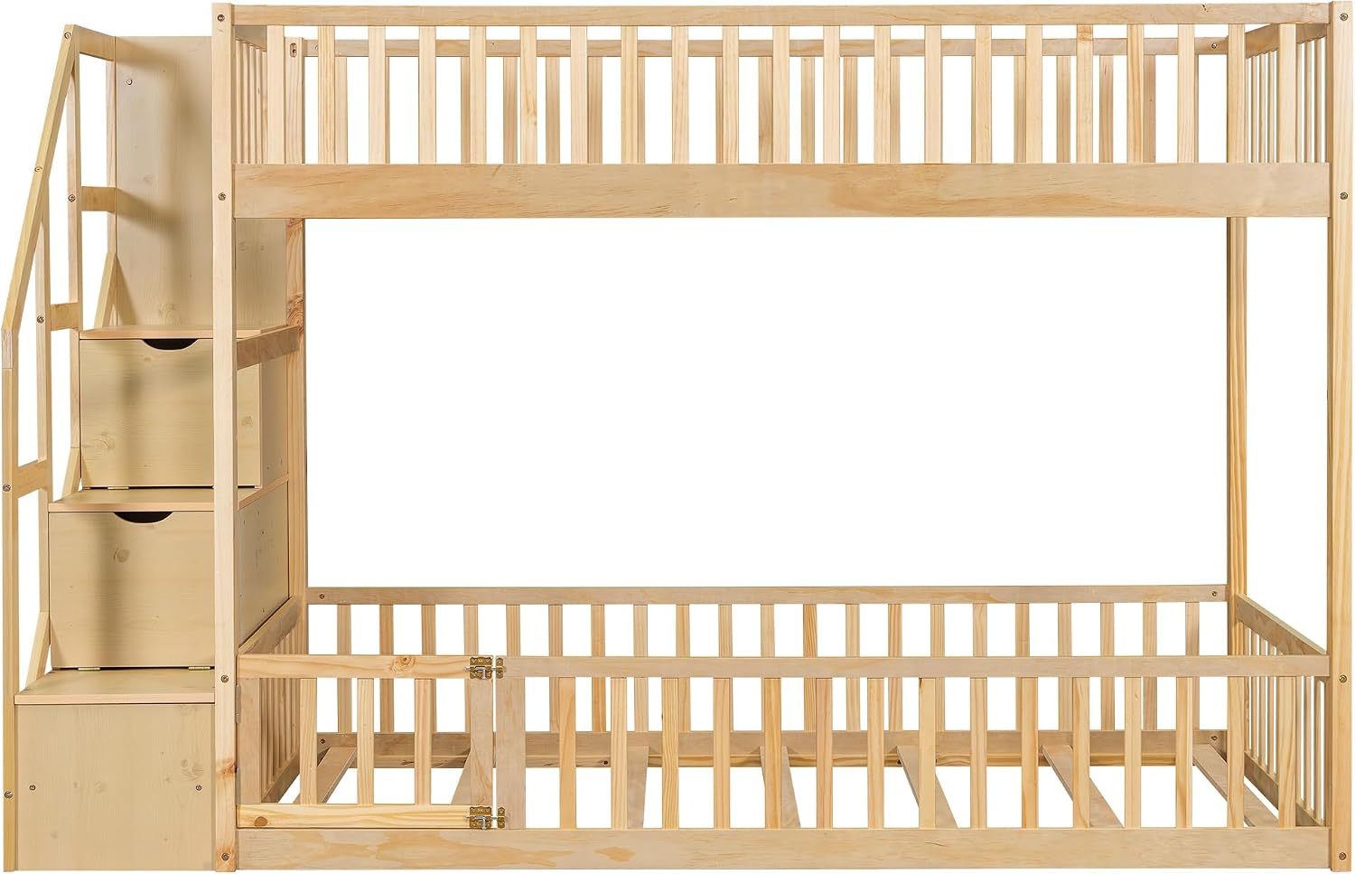 Twin Over Twin Floor Bunk Bed with Storage Ladder and Guardrails,for Kids Teens Adults (Natural#Ladder, Twin Over Twin)