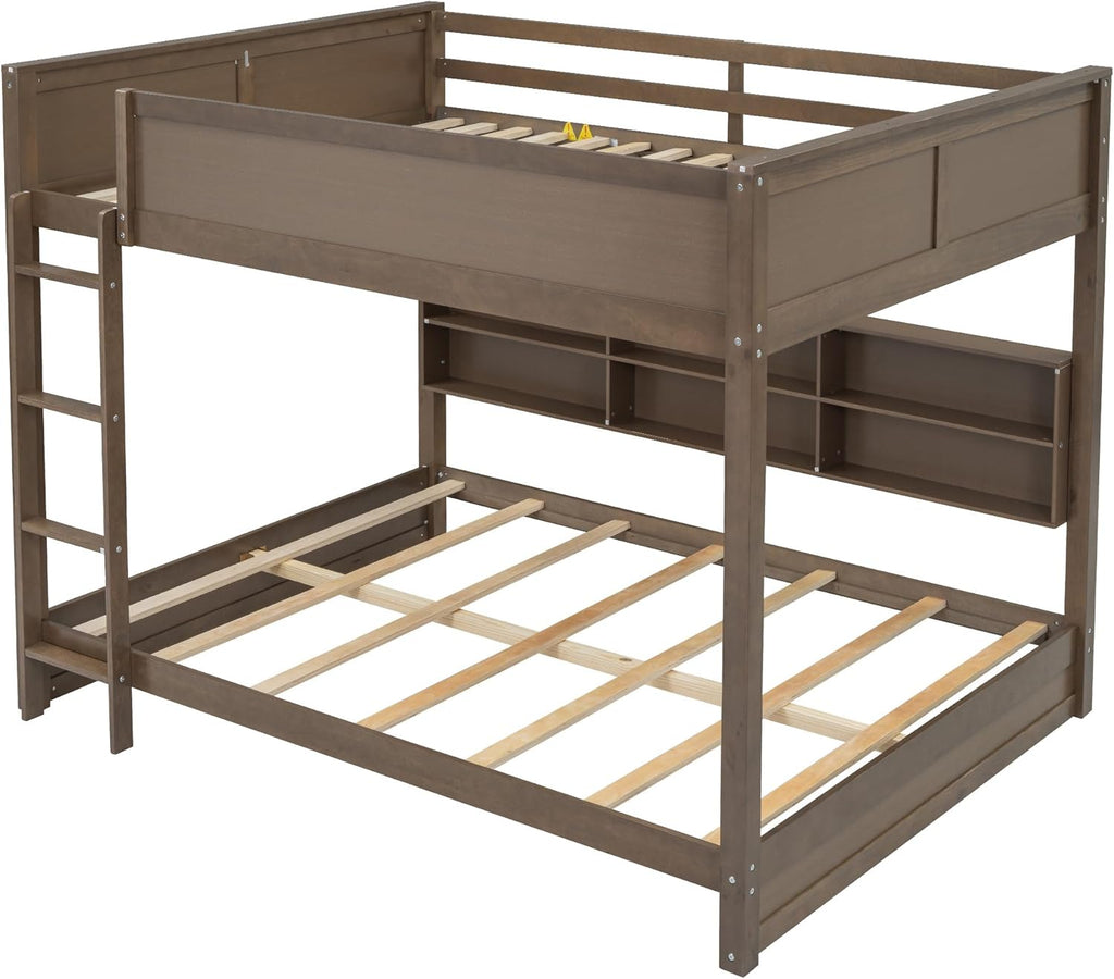 Queen Over Queen Bunk Bed with Built-in Shelves and USB Ports, Solid Wood Bunk Bed Frame with Safety Guardrail, for Kids Boys Girls Bedroom, No Box Spring Needed (Antique Wood Color)