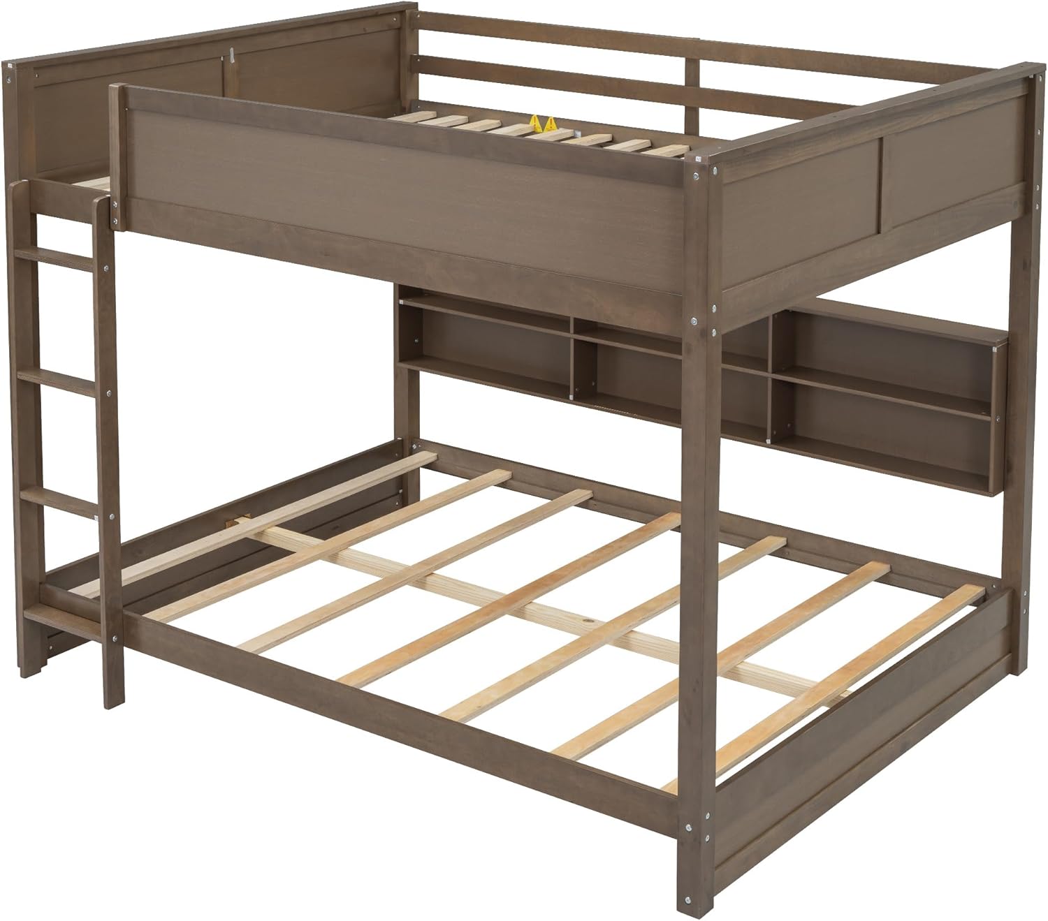 Queen Over Queen Bunk Bed with Built-in Shelves and USB Ports, Solid Wood Bunk Bed Frame with Safety Guardrail, for Kids Boys Girls Bedroom, No Box Spring Needed (Antique Wood Color)