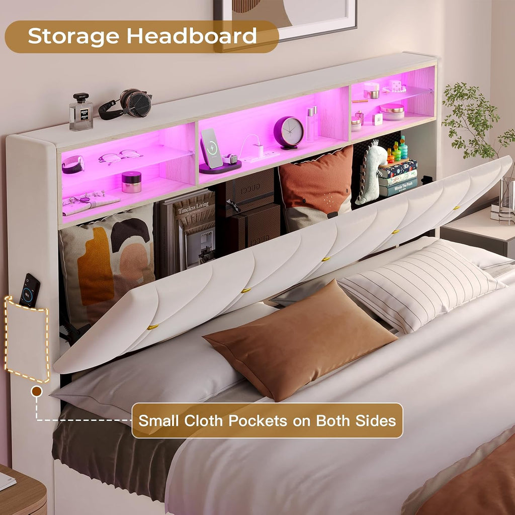 BTHFST Queen Bed Frame with Headboard Storage & LED Lights, Platform Bed Frame Queen Size with Charging Station, Velvet Upholstered Bed with Shelf Headboard, No Box Spring Needed, Creamy White