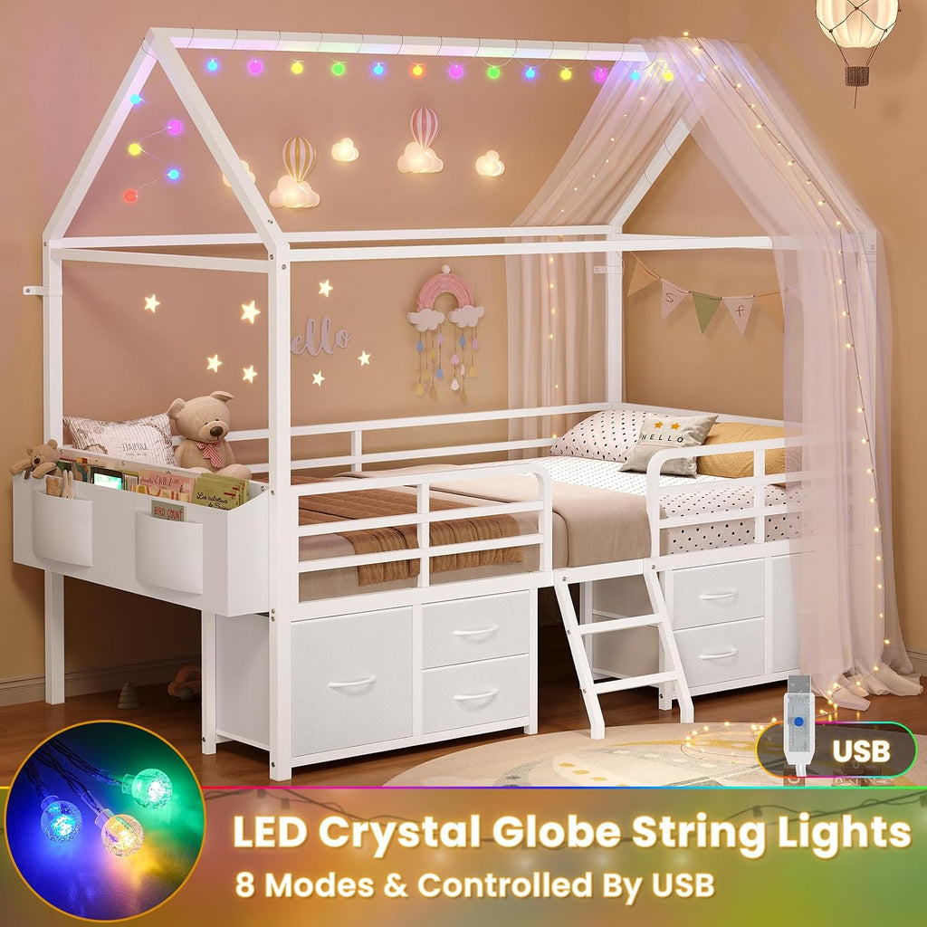 ADORNEVE Twin Size Bed Frame with 6 Drawers,House Bed with Globe String Lights Plug in,Metal Kids Bed with Safety Guardrail & Inclined Ladder,No Box Sping Needed,White