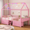 ADORNEVE Twin Size Bed Frame with 6 Drawers,House Bed with Globe String Lights Plug in,Metal Kids Bed with Safety Guardrail & Inclined Ladder,No Box Sping Needed,Pink