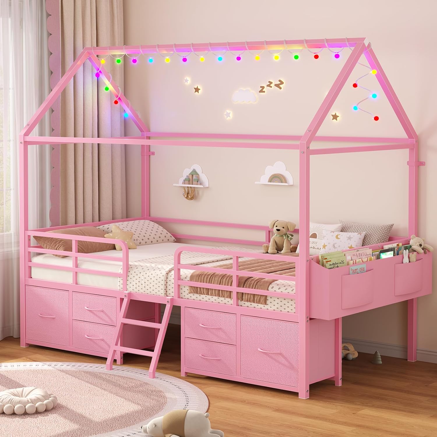 ADORNEVE Twin Size Bed Frame with 6 Drawers,House Bed with Globe String Lights Plug in,Metal Kids Bed with Safety Guardrail & Inclined Ladder,No Box Sping Needed,Pink