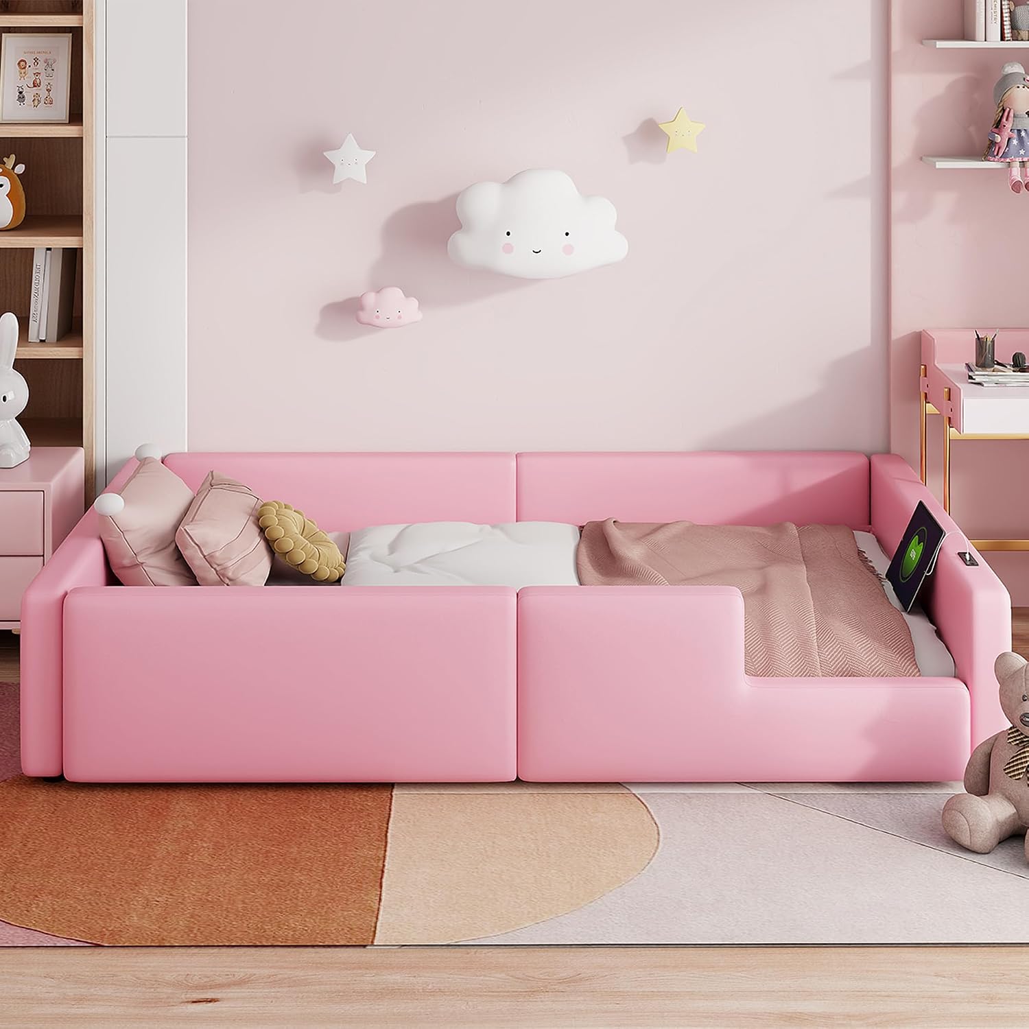 VilroCaz Twin Size Upholstered Platform Bed with Safety Guardrail, Montessori Kids Floor Bed, Child Grounded Bed with Charging Station and Sturdy Slats Support