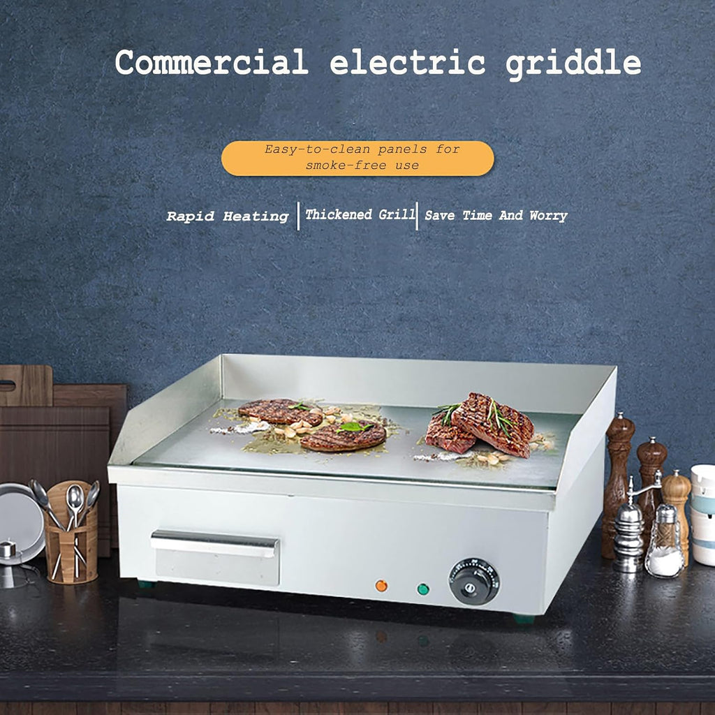 1500W Commercial Electric Countertop Griddle Stainless Steel Flat Top Grill Hot Plate BBQ Non-Stick Flat Large Countertop Griddle for Restaurant Steak Pancake Kitchen, 122°F-572°F