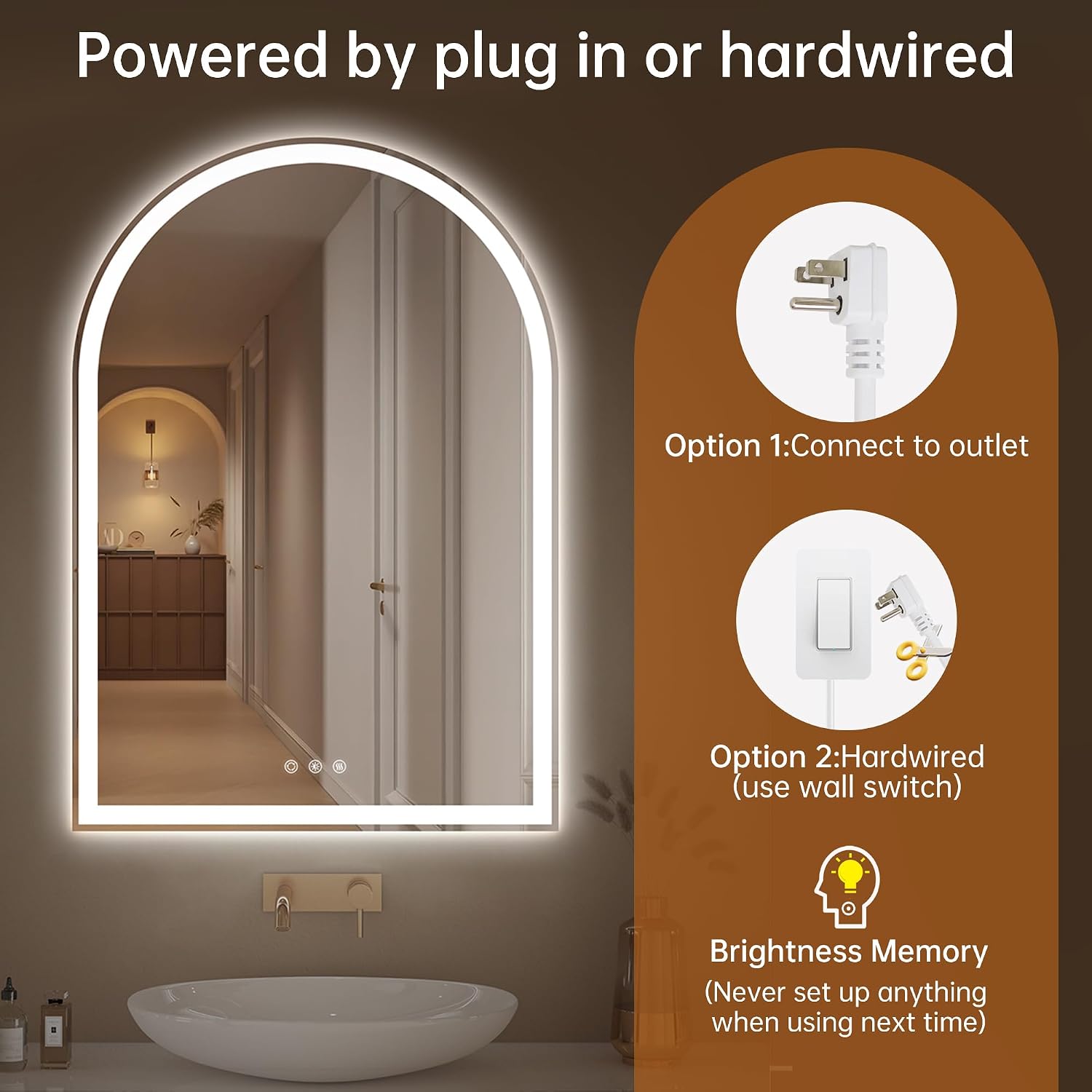 Arched Bathroom Mirror with Lights 28'x40'- Frameless LED Mirror for Bathroom, Fogless, Dimmable, 3 Color Changing, Shatterproof, Touch Sensor