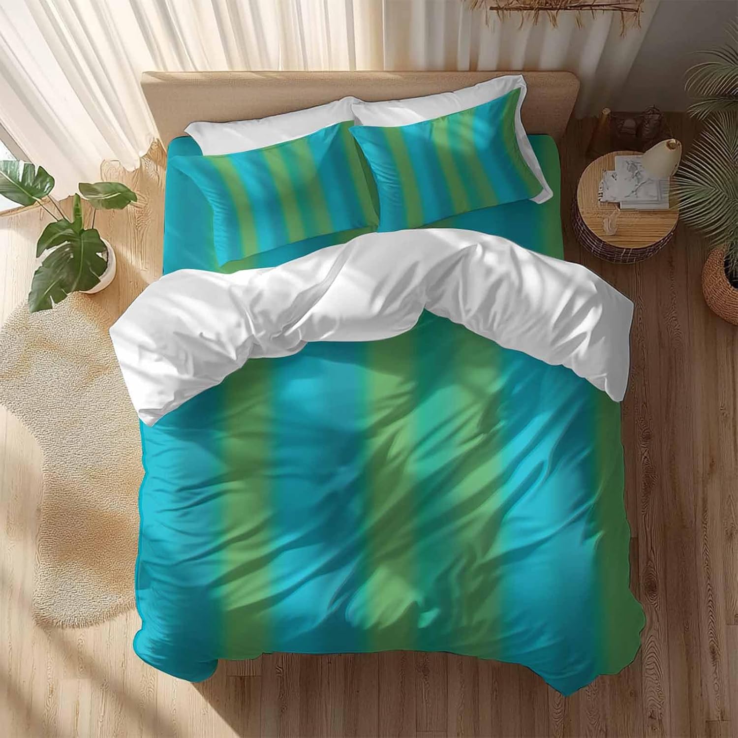 Blue Green Gradient Duvet Cover Set Queen Size 4 Pieces Color Striped Ombre Modern Minimalist Art Bedding Set with Zipper Closure, 1 Comforter Cover 86x86 Inches 1 Flat Sheet & 2 Pillow Cases