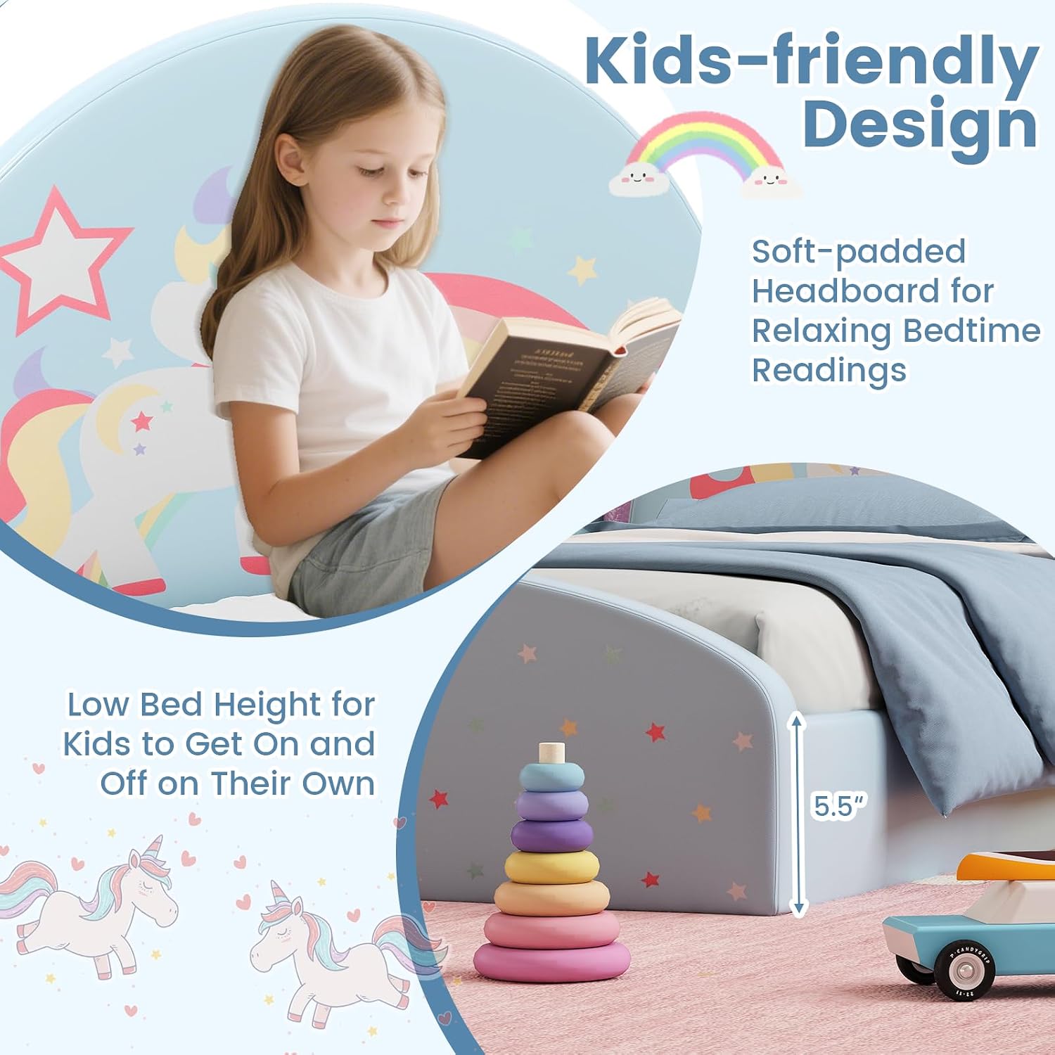Costzon Twin Floor Bed Frame, Upholstered Kids Bed with 210D Oxford Cloth Floor Mat, Middle Support Slat & Padded Boards, Montessori Floor Bed for 3+ Kids (Blue Rainbow)