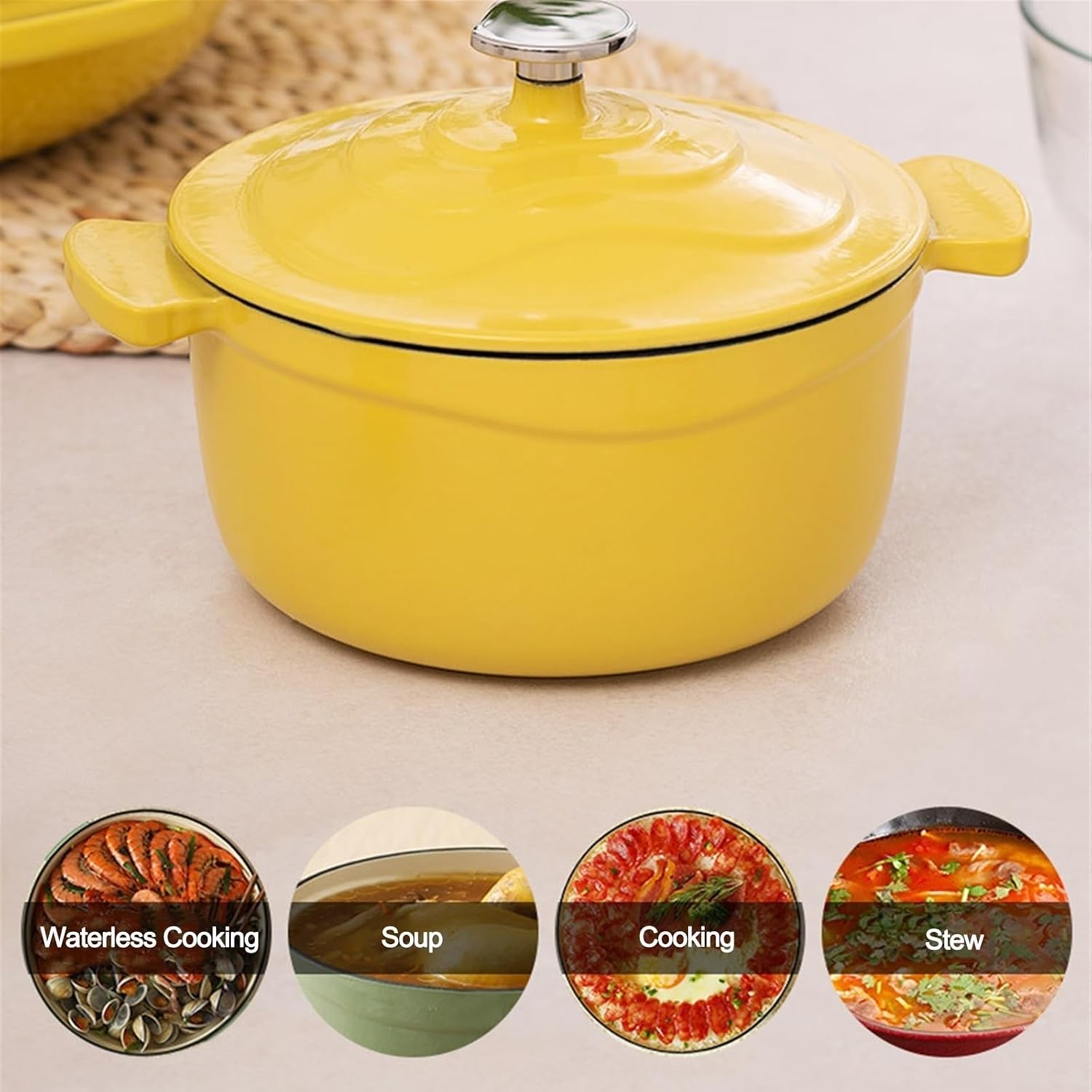 Home Use Dutch Oven for Bread Baking 1.6L Cast Iron Braiser with Lid Dual Handles Casserole Pot for Soup Ribs Waterless Cooking(Green)
