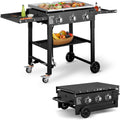Foldable 3 Burner Cooking Station with Side Shelves Propane Fuelled Flat Top Gas Griddle Spacious Cooking Space Durable Outdoor Fire Pits for Barbecue Backyard Cookout Iron Plastic Black