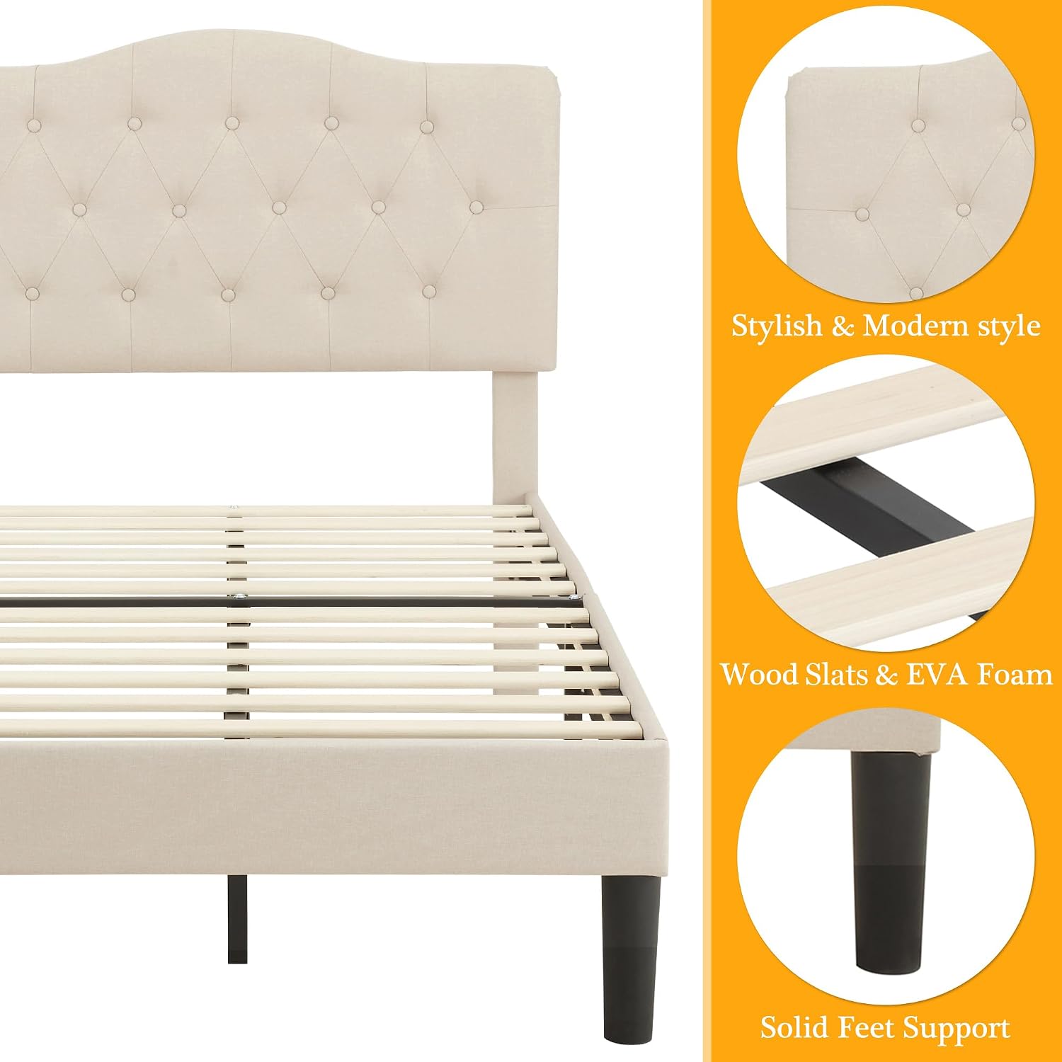 VECELO Twin Size Bed Frame Upholstered Platform with Tufted Adjustable Headboard/Mattress Foundation with Wood Slat Support, Easy Assembly,Beige