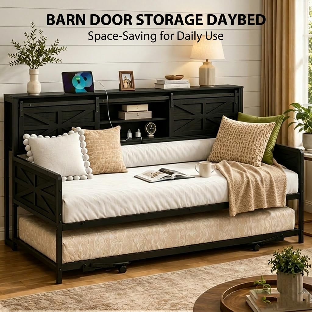 Homieasy Farmhouse Twin Daybed with Pop-Up Trundle, Metal Trundle Bed Frame with Bookcase Headboard, Charging Station & Barn Door Storage for Bedroom & Guest Room, Black