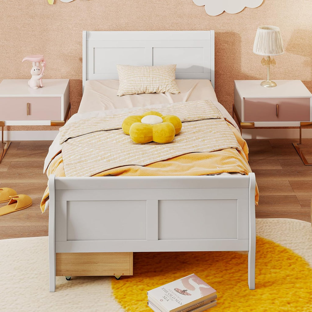 KOMFOTT Twin Bed with 2 Drawers, Twin Storage Bed with Headboard & Footboard, Sleigh Wood Bed Frame with Wooden Slats Support for Kids, Teens, Adults, No Box Spring Needed