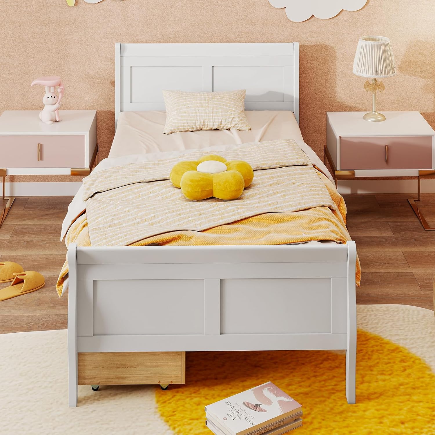 KOMFOTT Twin Bed with 2 Drawers, Twin Storage Bed with Headboard & Footboard, Sleigh Wood Bed Frame with Wooden Slats Support for Kids, Teens, Adults, No Box Spring Needed
