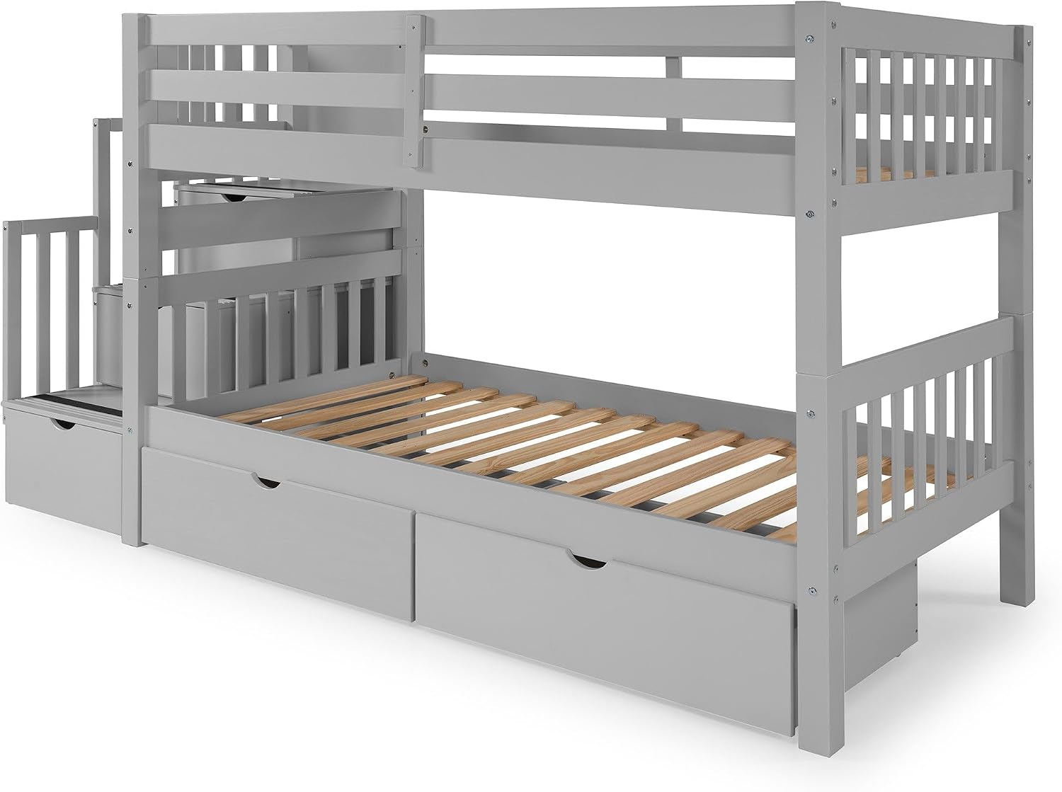Bedz King Stairway Bunk Beds Twin Over Twin with 3 Drawers in the Steps and 2 Under Bed Drawers, Grey