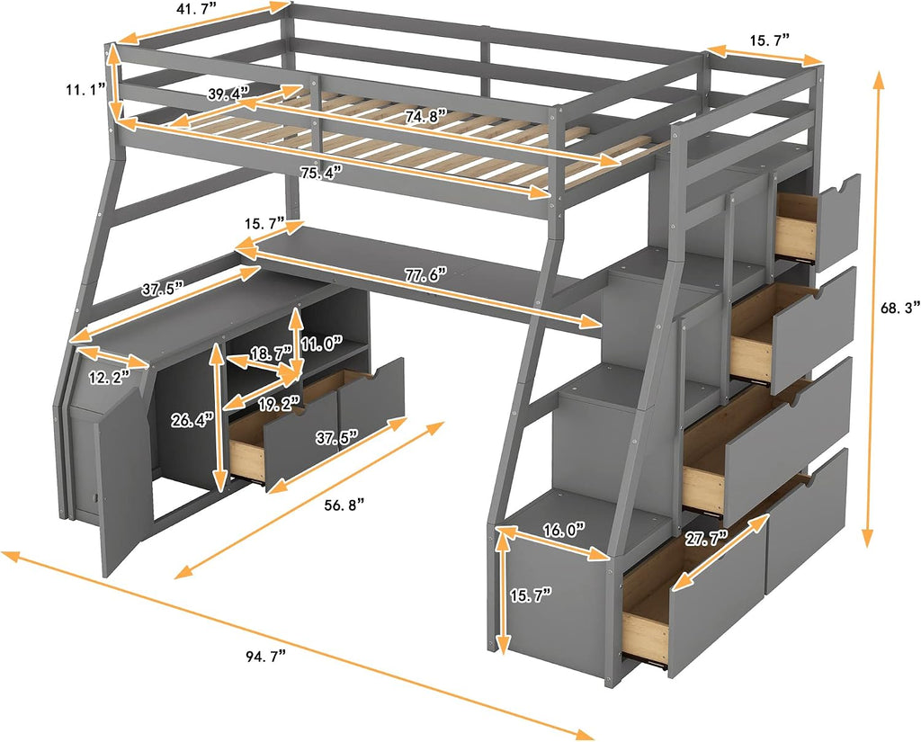 Bellemave Twin Size Loft Bed with Stairs and Desk, Wood Loft Beds with Cabinet and 7 Drawers, High Loft Bed Frame with Shelves and Step for Kids, Teen, Boys, Girls, Grey