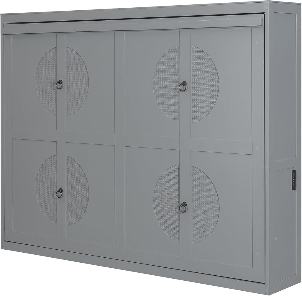 Harper & Bright Designs Queen Size Murphy Bed, Wooden Queen Murphy Wall Bed Frame with a Set of Sockets & USB Ports, Gray