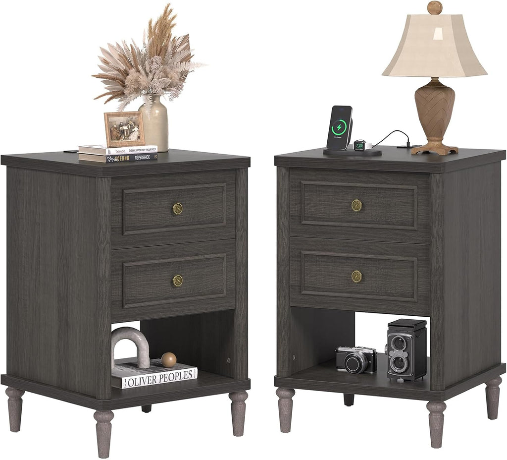 Bestier Nightstand Set of 2, 26.7' Farmhouse Night Stand with Chargeing Station, Wood Modern Nightstand with 2 Drawers & Shelf, Bed Side Table with Outlets & Ports, End Table for Bedroom, Black