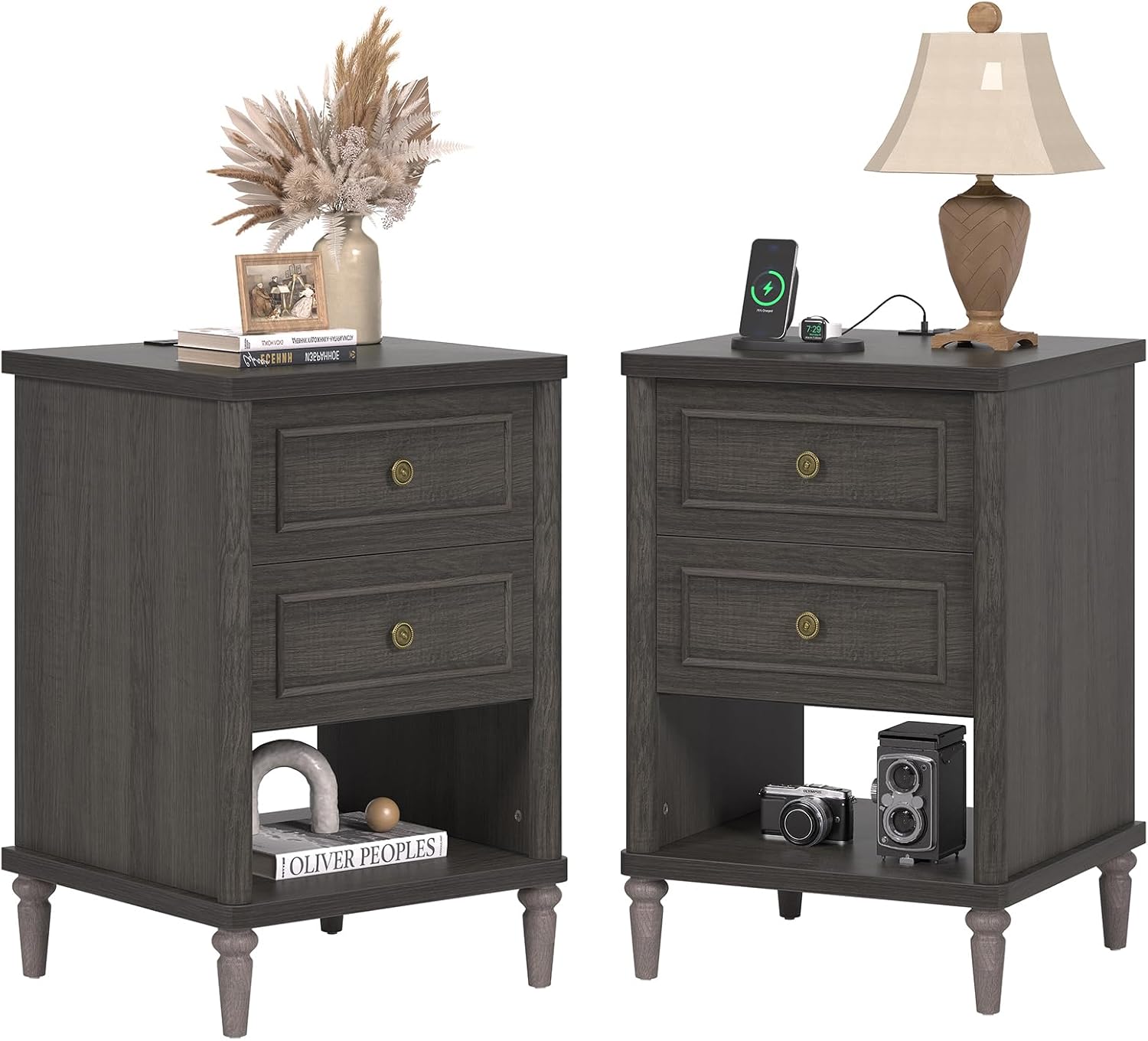 Bestier Nightstand Set of 2, 26.7' Farmhouse Night Stand with Chargeing Station, Wood Modern Nightstand with 2 Drawers & Shelf, Bed Side Table with Outlets & Ports, End Table for Bedroom, Black
