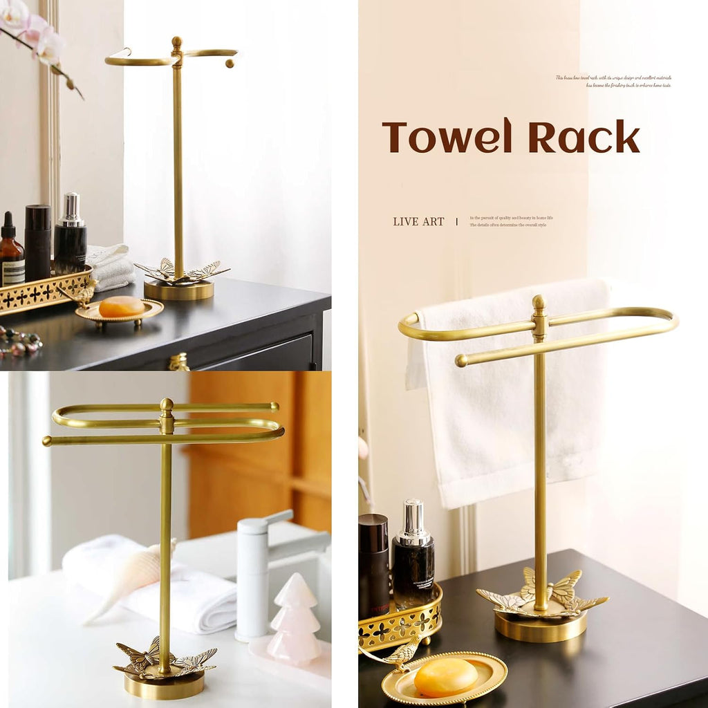 Brass Gold Freestanding Hand Towel Holder for Bathroom Countertop, Decorative Kitchen Towel Holder Stand (C)