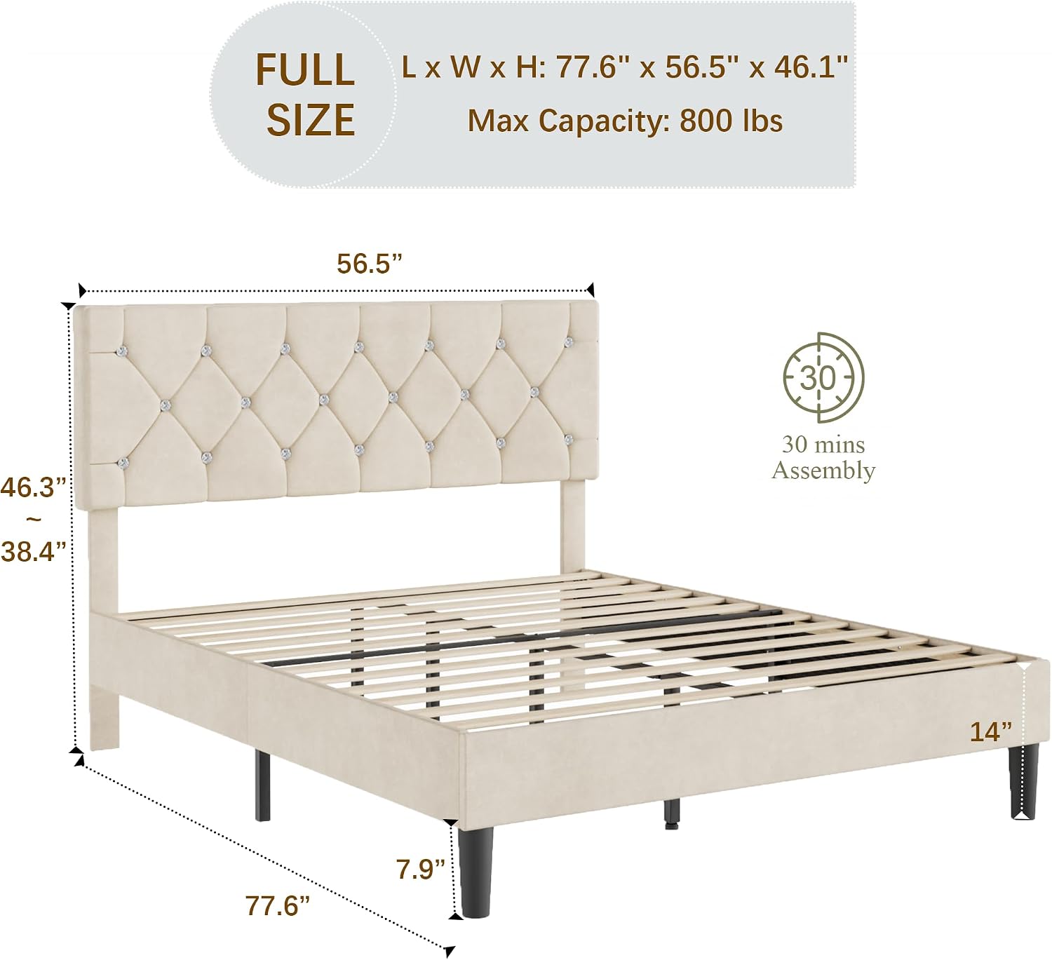 VECELO Full Size Bed Frame with Diamond Tufted Headboard, Upholstered Platform Bedframe with Wood Slat Support, No Box Spring Needed, Pala Beige