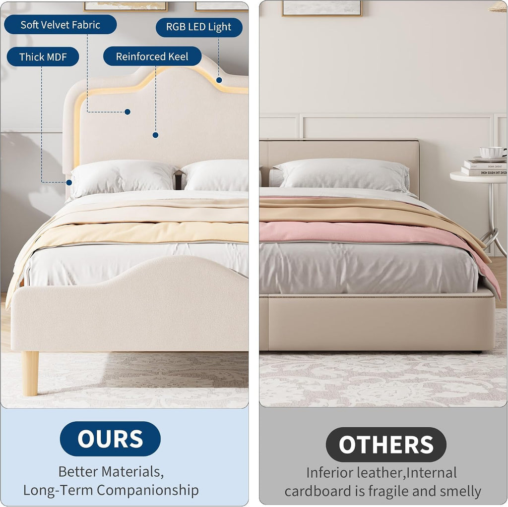 IDEALHOUSE Twin Size Bed Frame with LED Lights, Velvet Upholstered Platform Bed with Adjustable Headboard for Kids/Girls, Wooden Slats Support, No Box Spring Needed, Beige