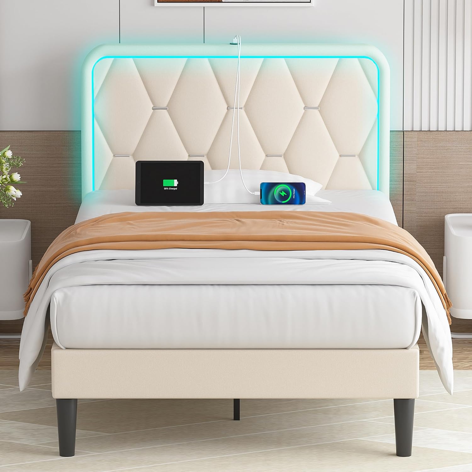 VECELO Upholstered Twin Bed Frame with Headboard Adjustable, Velvet Platform Bed with LED Lights, Charging Station, Mattress Foundation with Wooden Slats, Noise Free, No Box Spring Needed, Cream