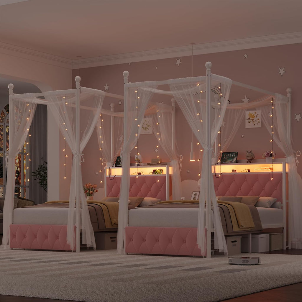 HIFIT Girls Twin Upholstered LED Canopy Bed Frame with Storage and Charging Station, Button Tufted Storage Headboard with Bookshelf, Two-Use Kids Metal Platform Bed w/4 Removable Post & 2 Drawer, Pink