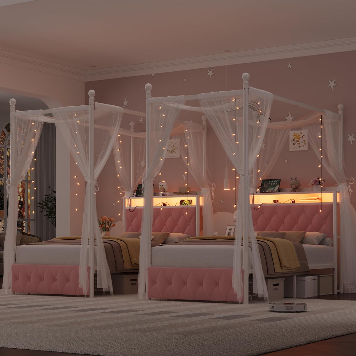 HIFIT Girls Twin Upholstered LED Canopy Bed Frame with Storage and Charging Station, Button Tufted Storage Headboard with Bookshelf, Two-Use Kids Metal Platform Bed w/4 Removable Post & 2 Drawer, Pink