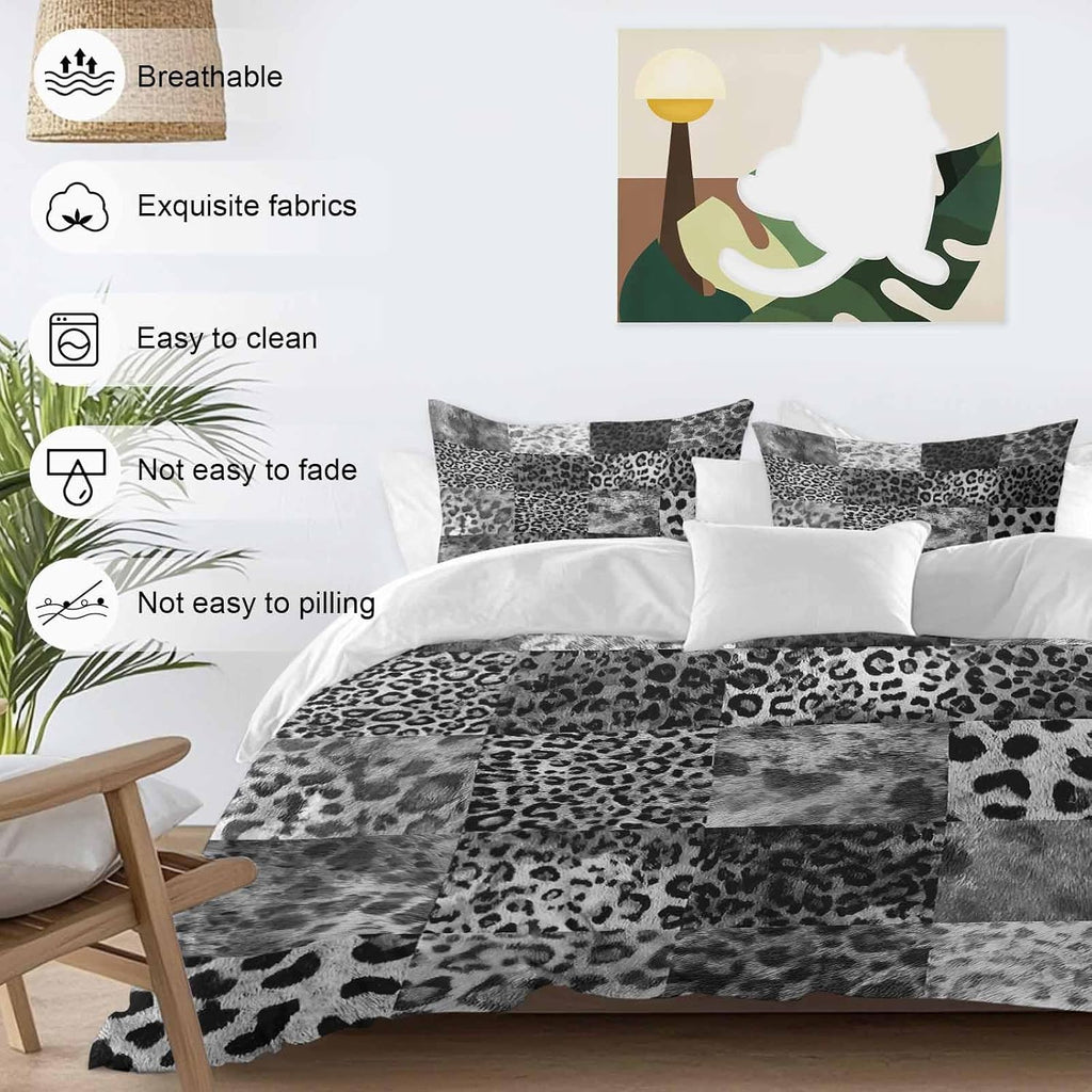 Vintage Black Leopard Duvet Cover Set Queen Size 4 Pieces Animal Print Patchwork Style Art Painting Bedding Set with Zipper Closure, 1 Comforter Cover 92x106 Inches 1 Flat Sheet & 2 Pillow Cases