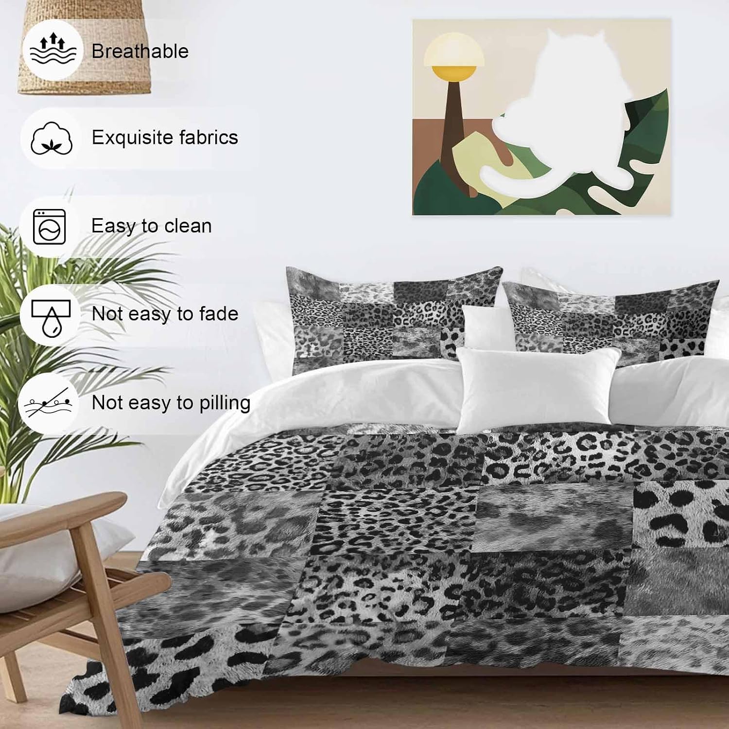 Vintage Black Leopard Duvet Cover Set Queen Size 4 Pieces Animal Print Patchwork Style Art Painting Bedding Set with Zipper Closure, 1 Comforter Cover 92x106 Inches 1 Flat Sheet & 2 Pillow Cases