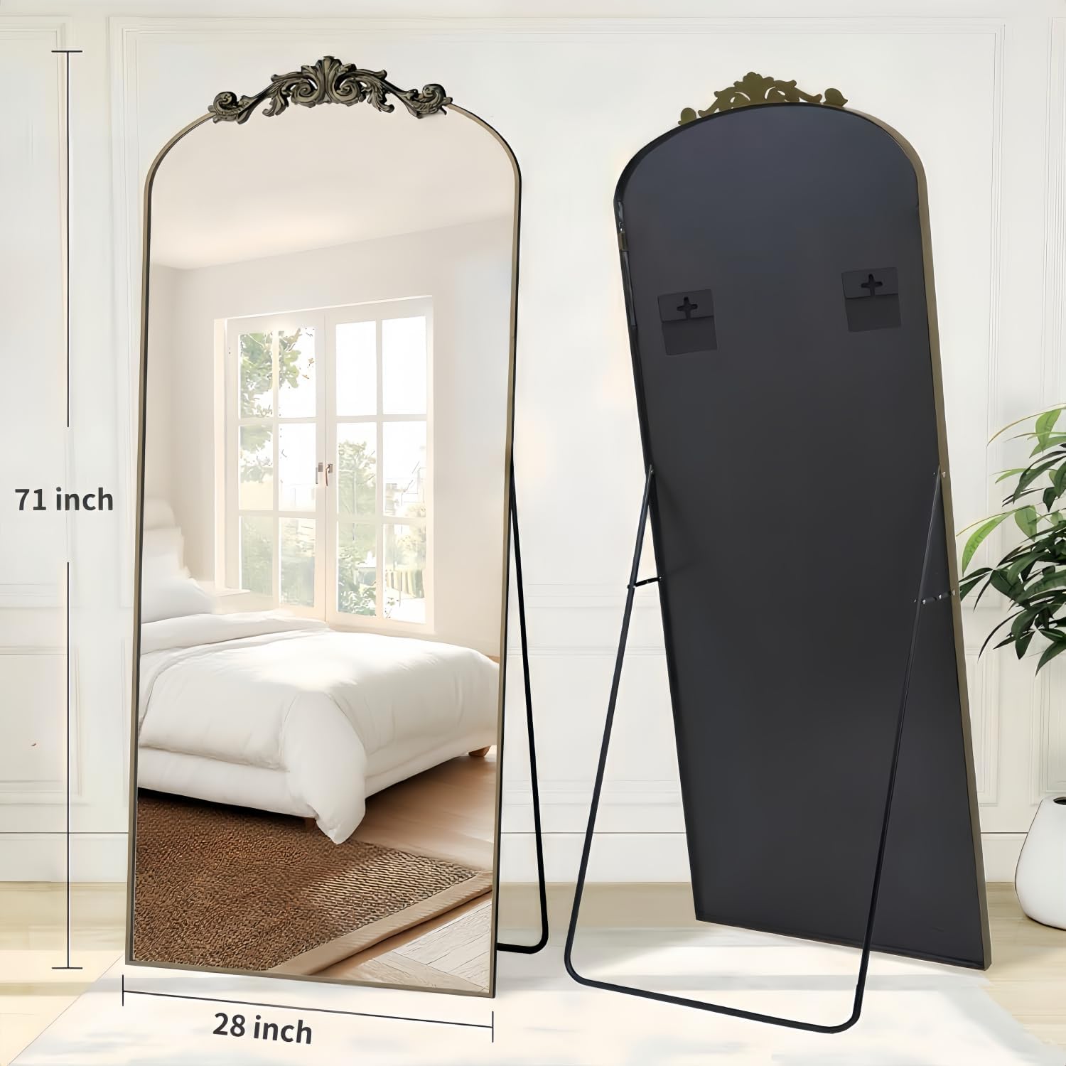 Dewfig Arched Full Length Mirror, 71'x28' Full Body Mirrors with Carved, Floor Mirror for HomeDecor, Standing/Halling Large Wall Mirror for Bedroom, Living Room, Cloakroom, Bronze, Retro Style