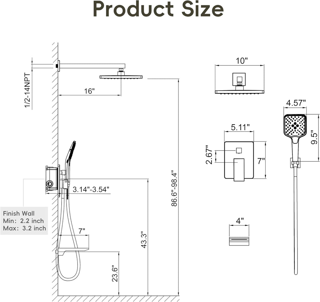 Gabrylly Shower System with Tub Spout, Wall Mounted Tub Shower Faucet Set for Bathroom with High Pressure 10' Rain Shower head and 3-Setting Handheld Shower Head Set,Brushed Nickel