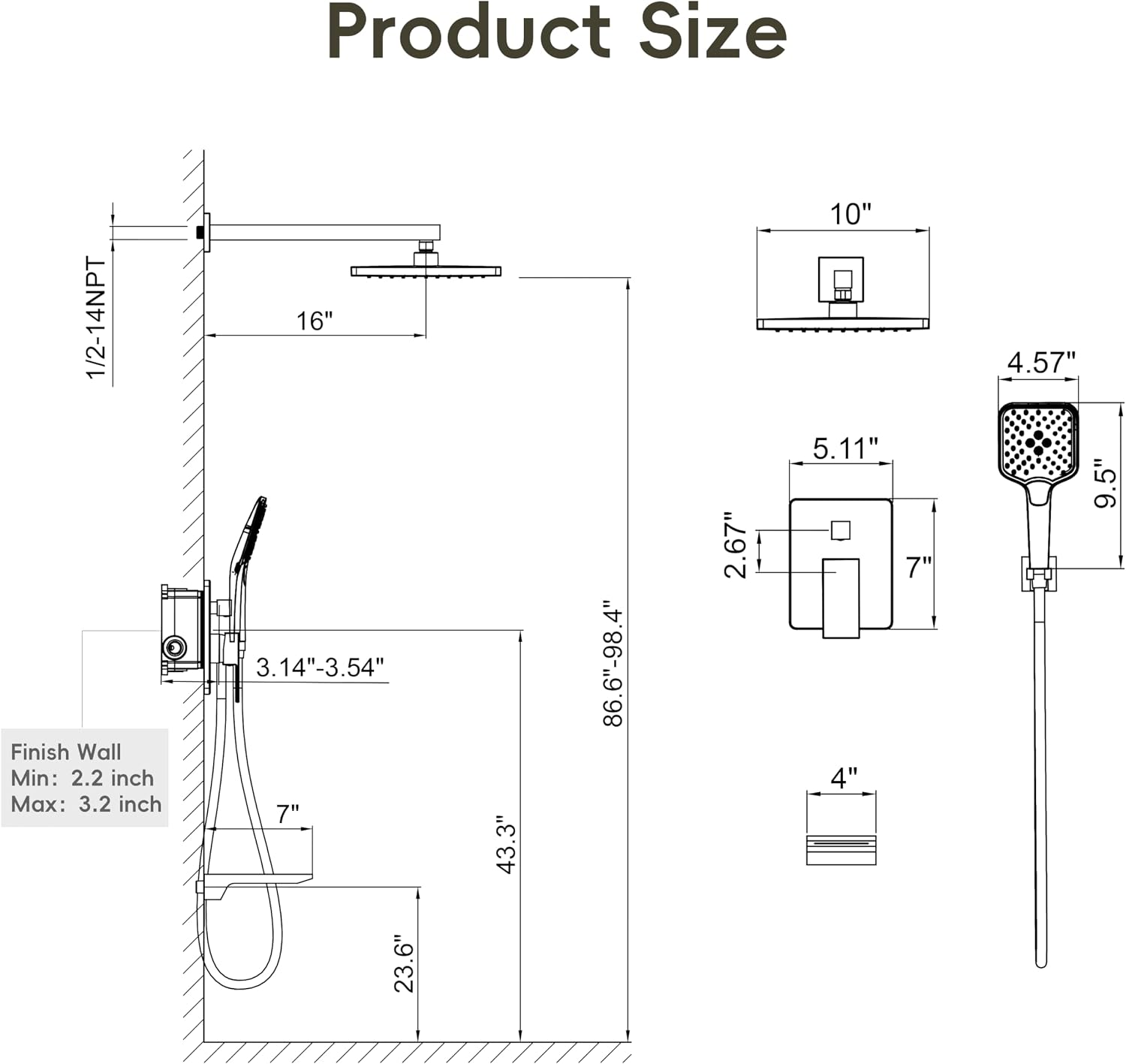 Gabrylly Shower System with Tub Spout, Wall Mounted Tub Shower Faucet Set for Bathroom with High Pressure 10' Rain Shower head and 3-Setting Handheld Shower Head Set,Brushed Nickel