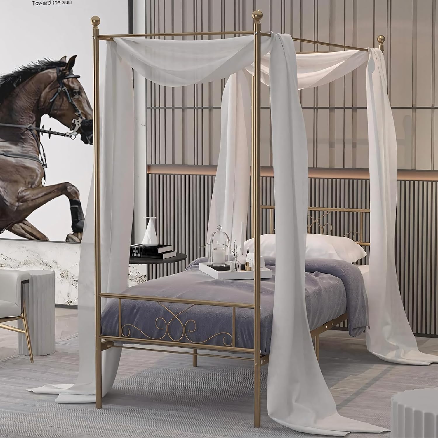 Weehom Twin Canopy Bed Frame with Headboard and Footboard, 4 Posters Metal Bed Frame, No Box Spring Needed, Mattress Foundation Platform Bed for Kids and Adults, Gold