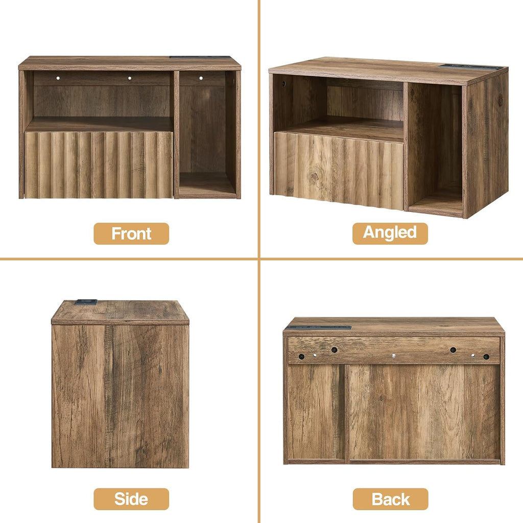 BuildHom Floating Nightstand with Charging Station - Modern Rustic Brown Fluted Bedside Table with Drawer, USB Ports & Outlets (Set of 2)