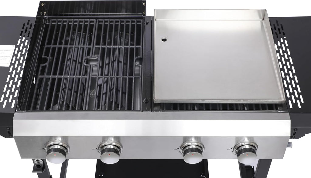 2+2 Gas Grill & Griddle Combo: 4 Burner Outdoor BBQ with Side Shelf & Storage - Modern Silver Black Design for Backyard Family Gatherings & Patio Parties