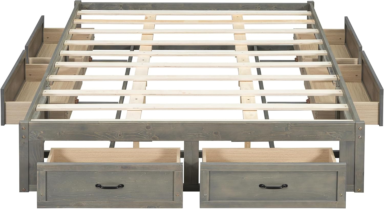 SOFTSEA Queen Size Bed Frame with 6 Storage Drawers, Wood Platform Bed Frame No Headboard with Support Slats, Farmhosue Platform Bed with Drawers, No Box Spring Needed, Easy Assembly, Antique Gray