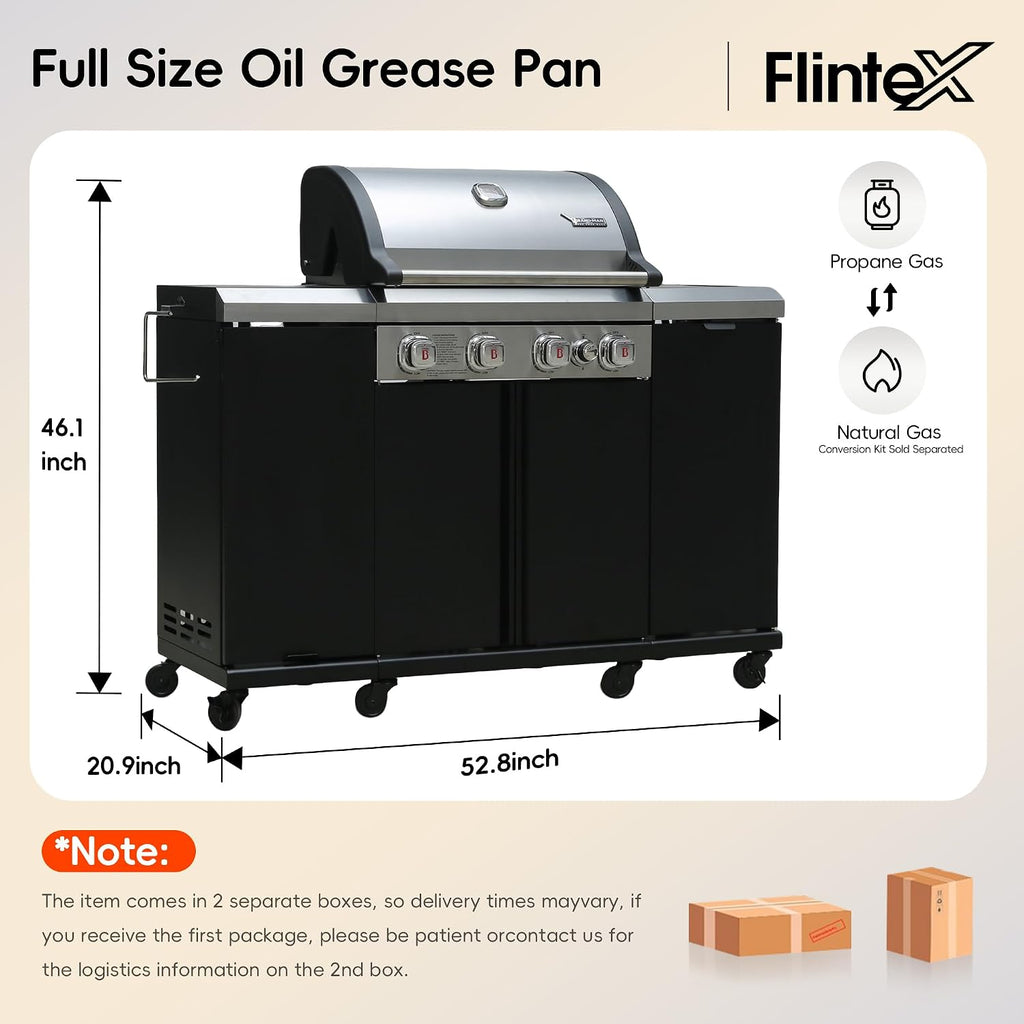 Flintex 4-Burner Propane Gas Kitchen Grill Island with Side Burner,44,000 BTU Stainless Steel BBQ Outdoor Griddle Grill Combo with LPG/NG Convertible and Storage Cabinets & Fold-out Table, Black