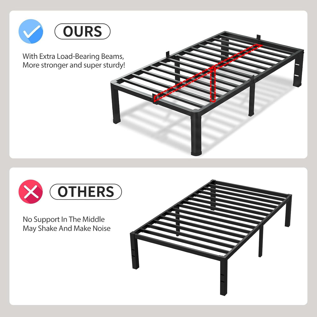 VIPSHOW 14 Inch Twin XL Bed Frame, 3500Lbs Heavy Duty Metal Platform with Round Corner Legs Mattress Slide Stopper, Steel Slat Support No Box Spring Needed, Noise Free, Non-Slip, Easy Assembly
