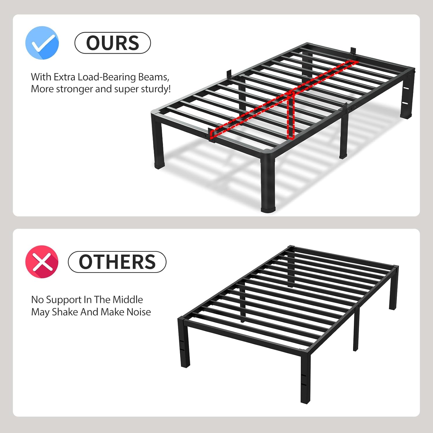 VIPSHOW 14 Inch Twin XL Bed Frame, 3500Lbs Heavy Duty Metal Platform with Round Corner Legs Mattress Slide Stopper, Steel Slat Support No Box Spring Needed, Noise Free, Non-Slip, Easy Assembly