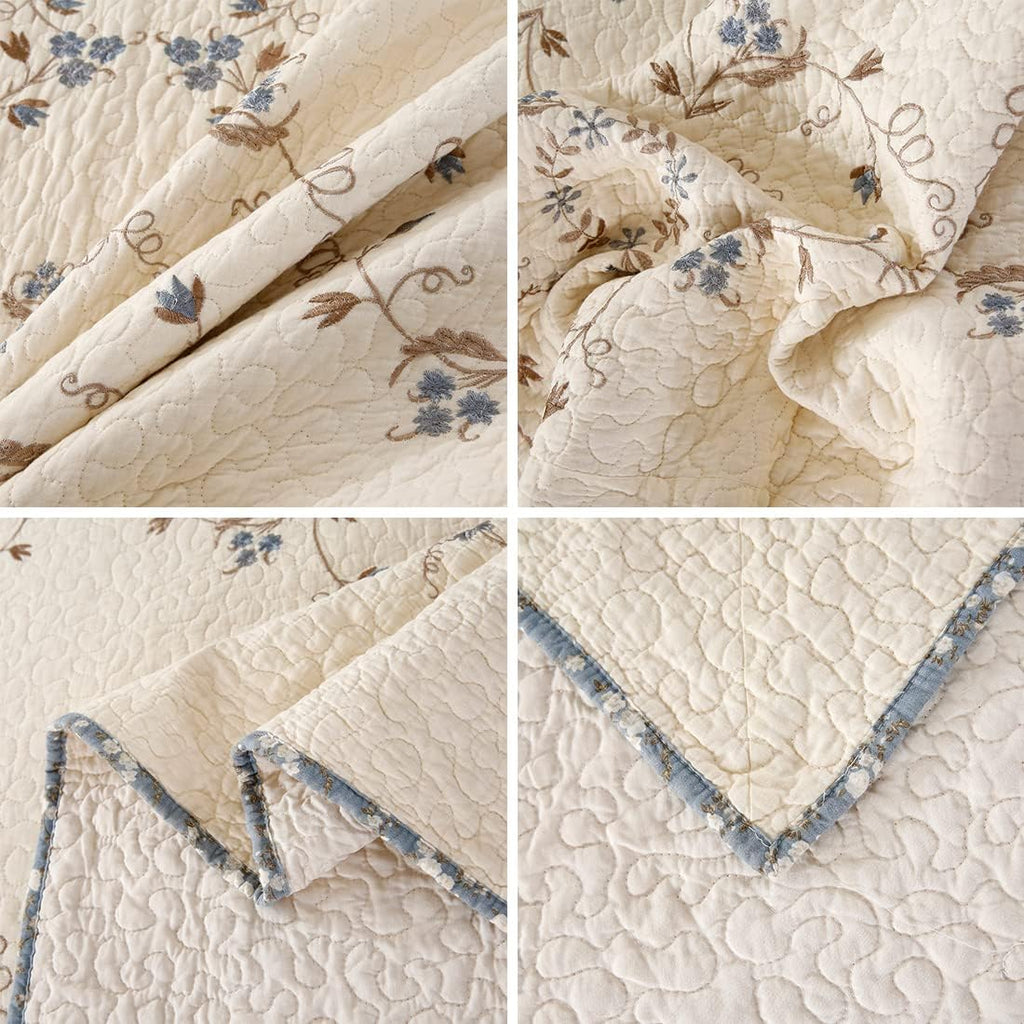 vctops 3-Piece Elegant Floral Embroidered Bedspread Coverlet Set 100% Cotton Reversible Patchwork 1 Quilt and 2 Pillow Shams Full/Queen, Flower B